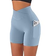 OMKAGI Women Cross Waist Workout Shorts with Pockets 4" Ribbed High Waisted Yoga Biker Shorts