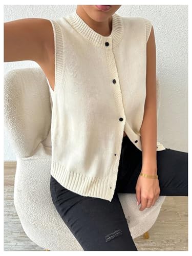 Image of SweatyRocks Women's Button Up Sweater Vest Crew Neck Sleeveless Knit Vest Tops Beige Small