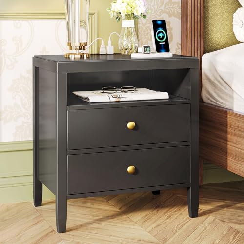 image for Huuger Black Nightstand Set of 2, Night Stand with Charger Station, Be