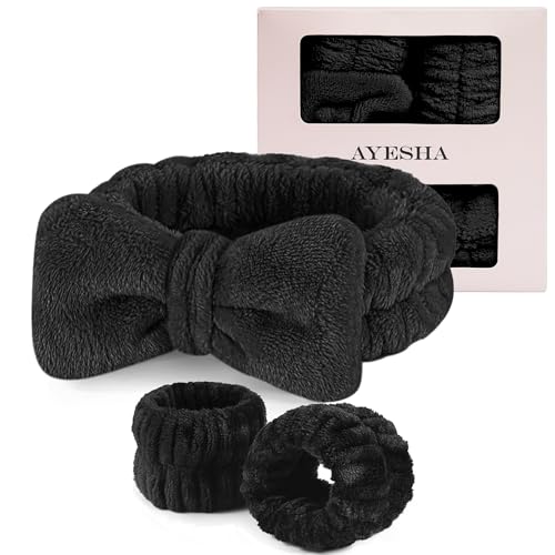 Ayesha Spa Headband and Wristband Set for Skincare Washing Face Makeup Headband Wrist Cuffs for Preppy Skincare Women Girl(Black set)