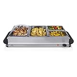 Tristar Edelstahl Buffetwärmer für Partys & Buffets, 300 W, Einstellbares Thermostat, 4 Warmhaltebehälter mit Deckel, Heizplattenfunktion, Warmhaltefunktion, Silber, BP-6285