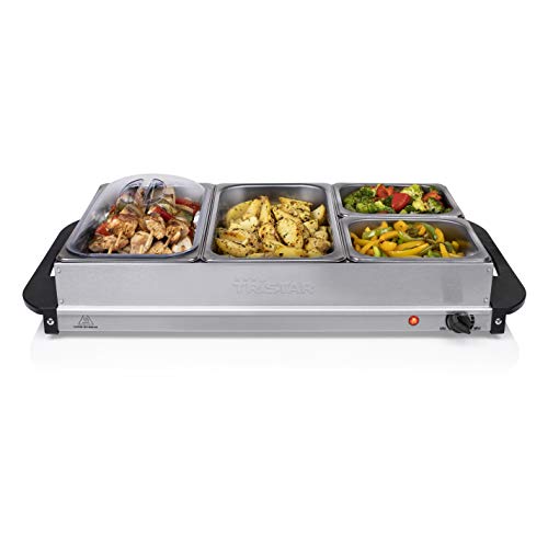 Scaldavivande buffet 2 in 1 e piastra riscaldante: Utilizzate lo scaldavivande con i 4 contenitori oppure come ampia piastra riscaldante per pentole e padelle