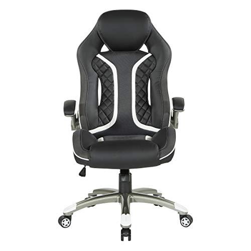 OSP Home Furnishings Xplorer 51 Ergonomic Adjustable High Back Gaming Chair with Lumbar Support and Padded Flip Arms, Black Faux Leather with White Trim - Image 6