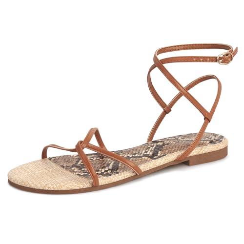 Image of Women's Flat Sandals Strappy Open Round Toe Lace Up Shoes with Adjustable Ankle Strap for Summer