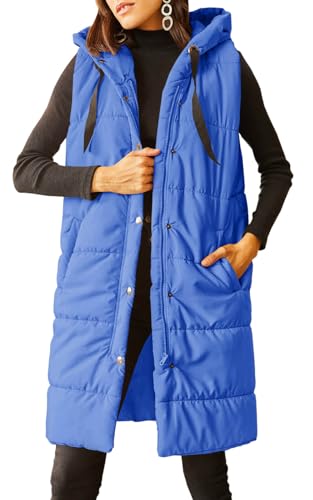 Grlasen Women's Long Quilted Puffer Vest Sleeveless Hooded Button Down Padded Coats Jacket Outerwear with Pockets