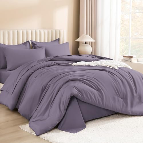 Image of Litanika Full Size Comforter Sets Grey Purple - 7 Pieces Bed in a Bag Full Bedding Comforter Sets, Solid Lightweight Bed Set with Comforter, Sheets, Pillowcases & Shams