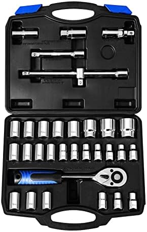 BLACKROBOT 32-Piece 1/2” Drive Metric Socket Set, 6-Point(8mm-32mm) 12-Point(10mm-19mm), Socket Ratchet Wrench Mechanic Tool Set, CR-V Steel