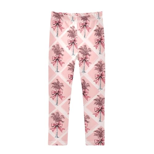 Pink Palm Tree Bow Girls Leggings Soft Stretch Workout Yoga Dance Pants for Kids Casual Tights