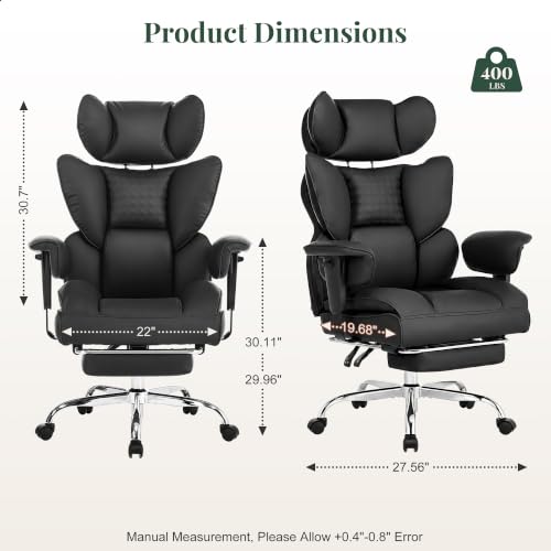 Image of Big and Tall Ergonomic Office Chair,400 LBS,High Back Reclining PU Leather Gaming Chair with Footrest, Adjustable Armrests, Lumbar Support, Executive Desk Chair for Home Office, Black