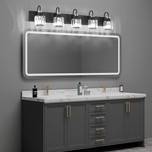 Image of Ralbay Modern Crystal Black 5-Light Bathroom Vanity Light, Matte Black Crystal Bath Wall Light Fixtures