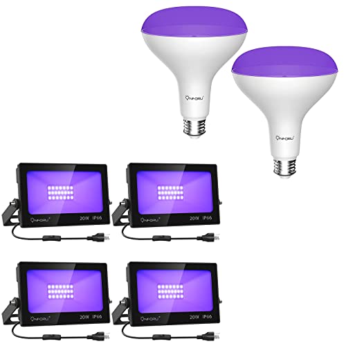Onforu 2 Pack 120W Equiv Led Black Light Bulb And 4 Pack 20W Led Black Lights With Plug, Br30 E26 Black Light Bulbs For Glow In The Dark, Christmas Party, Birthday, Body Paint, Fluorescent Poster #TOP17
