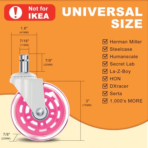 Image of Office Chair Wheels for Casters Replacement - 3 inch Rubber Wheels for Computer Gaming Desk Caster Smooth & Safe Rolling for All Floors Including Hardwood and Carpet - Set of 5 - Pink