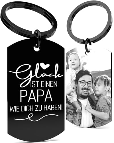 Generisch Schlüsselanhänger Papa personalisiert mit Foto | Gravur Edelstahl schwarz Vatertagsgeschenk für Papa Fotoanhänger mit Wunschbild & Spruch