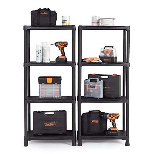 VonHaus Garage Shelving Units - 4 Tier Shelving Units for Storage - Lightweight, Compact & Easy to Build Shed Shelving Units - Pack of 2 - Weatherproof Shed Storage Solutions
