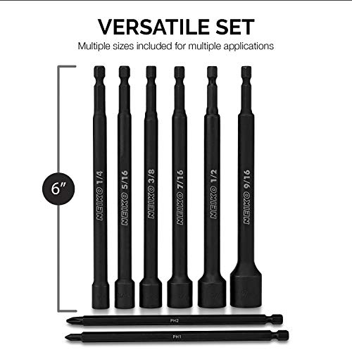 Image of NEIKO 10067A Magnetic Impact Nut Driver and Power Bit Tool Set | 8 Pieces, SAE | 6 Inches | Shank Nut Driver Bits Setters | Magnetic Tip Sockets | 1 /4 Inch Hex Shank