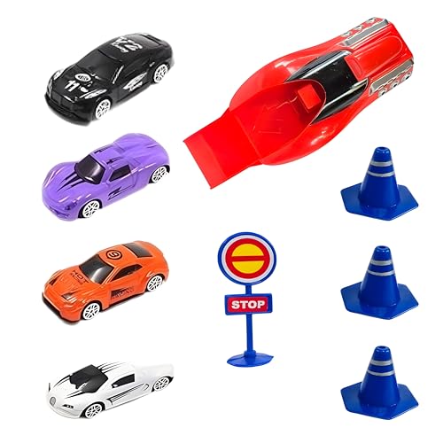 PariBee Rapid Launcher Play Set Toy – Red/Blue - High-Speed Car Launcher with 4 Die Cast Metal Stunt Cars, 3 Stoppers & Stop Sign | Racing Game for Kids | Master Racer Sports DieCast Car Toys