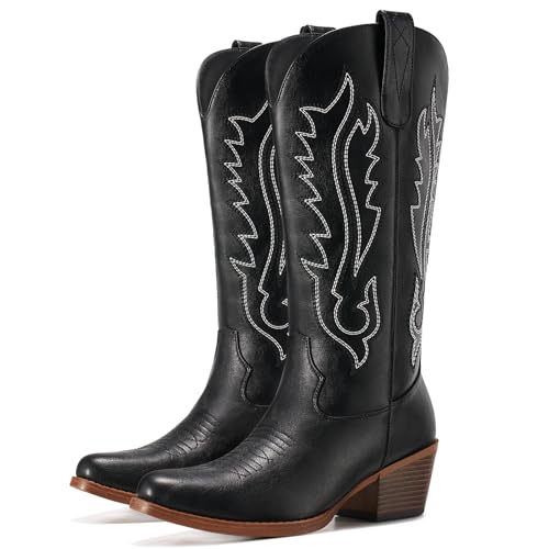 Rollda Cowboy Boots for Women Cowgirl Boots Mid Calf Ladies Western Boots with Side Zipper Snip Toe Chunky Heel Pull On