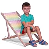 DreamRoots Chaise Longue Enfant en Bois de Hêtre, Chilienne Enfant Pliable, Transat Extérieur Jardin, Plage, Tissu Lavable Polyester 220 g/m², Charge Max 130 kg