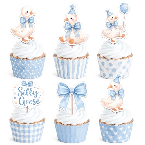ALISSAR 36 Pack Blue Silly Goose Cupcake Toppers, Pre-Assembled Double Sided Cupcake Decorations for Birthday Party, Baby Shower, Dessert Table and Treat Display