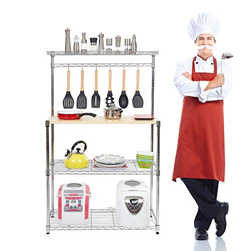 Microwave Oven Stand-Pots and Pans Organization and Storage for Pantry-Baker's Racks with Wood Table, Height Adjustable Free 4-Tier Metal Utility Storage Shelf with Mesh Panel