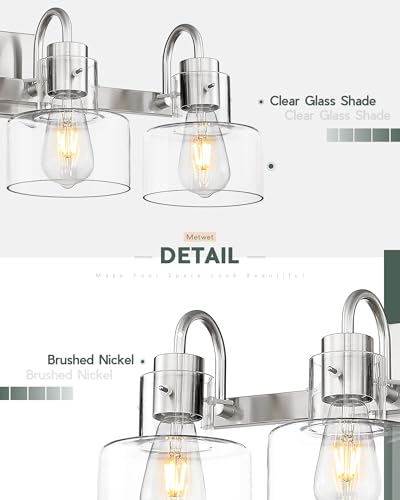 Image of Bathroom Light Fixtures, 4-Light Brushed Nickel Vanity Lights with Clear Glass Shade, 28 Inch Vintage Vanity Lighting Fixtures Over Mirror, VL124-BN-4