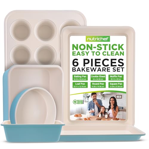 NutriChef Bakeware Set 6-Piece, Carbon Steel Kitchenware with Ceramic Nonstick Coating, Includes 12-Cup Muffin Tray, Cake Mold, Loaf Pan, Wide Baking Tray, Cookie Sheet, Turquoise