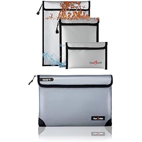 Fireproof Safe Money Document Bags - 4 Pack Waterproof Zipper Bag, Fire & Water Resistant Storage Organizer Pouch for A4 A5 Documents Holder,File,Cash,Passport,Tablet Cover