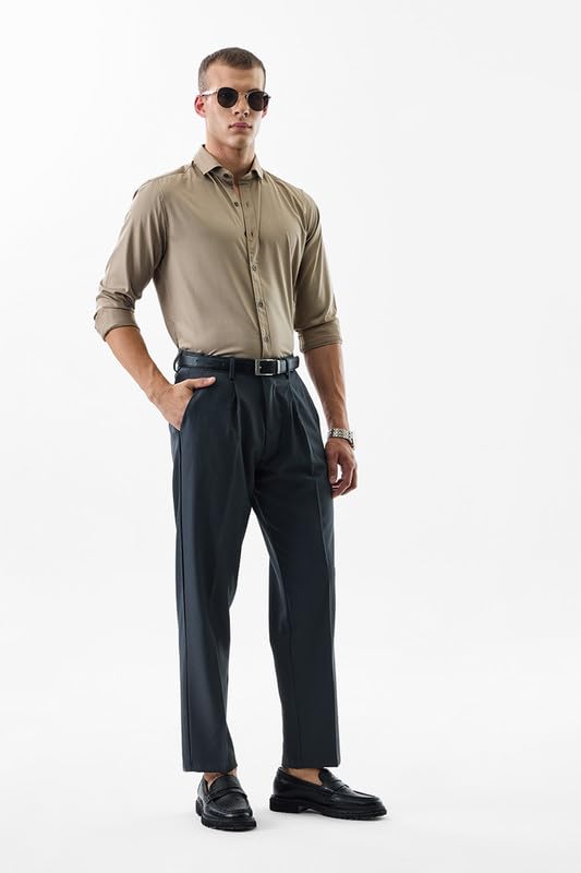 Image of SNITCH Men Formal Trousers | Regular Fit Pleated Front with Turned-Up Hem | Polyester Blend & Medium Stretch Fabric for Office & Winter Wear