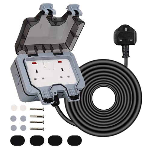 Weatherproof Outdoor Socket IP66 with 15M Extension Lead, Wall Electrical Outlets Box Switched Exterior Socket 13A with Indicator Light for Bathroom Garden Garage Yard (15M)