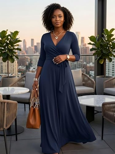 Image of PinkPatty Women's Plus Size Maxi Dresses Casual Flowy 3 /4 Sleeves Dress Printed Vacation Dress for Daily Wear with Belt