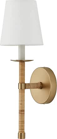 Capital Lighting 647211MA-705 Tulum White Fabric Shade with Handcraft Rattan Torchiere Wall Sconce, 1-Light 60 Watt, 18" H x 6" W, Matte Brass