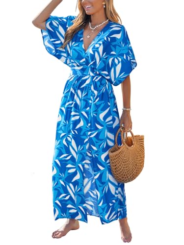 CUPSHE Women's Plunging V-Neck Dolman Sleeve Maxi Dress Tropical Blue, L
