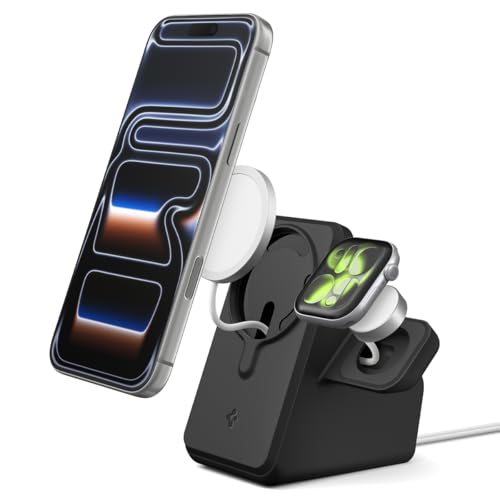 Spigen MagFit Duo Stand Designed for MagSafe Charger (25W) & Apple Watch Charger Holder for Desk Nightstand Premium Silicone Compatible with iPhone 17/16/15/14/13/12 All Apple Watches - Black