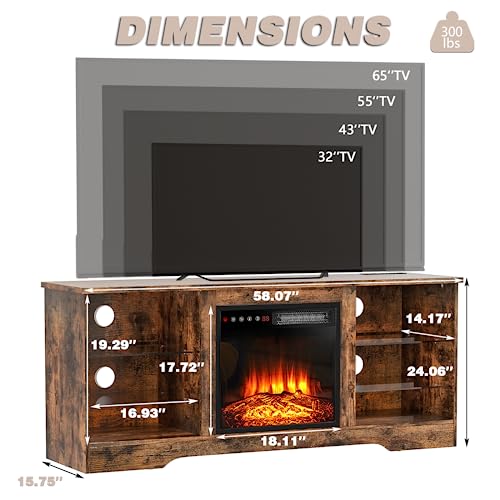 Lemberi 58 Inches Fireplace Tv Stand For Tvs Up To 65 Inches Console With 18'' Electric Fireplace ＆ Remote, Wooden Modern Entertainment Center For Living Room With Led Light Glass Shelves (Brown) #TOP6