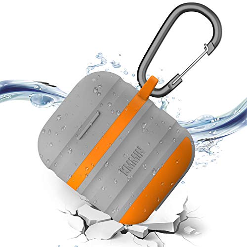 Funda Impermeable para AirPods 1 & 2,KMMIN Carcasa de Silicona Compatible con AirPods 1 & 2,AirPods Accesorios con Gancho,Funciona con Carga Inalámbrica,Gris