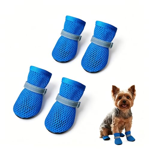 Summer Breathable Dog Shoes for Small Dogs, Mesh Dog Boots, Adjustable Reflective Non Slip Paw Protectors Booties for Puppy and Cats Blue