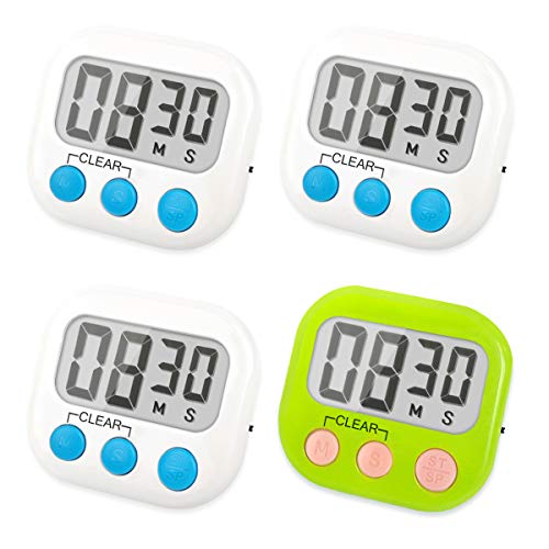 FOREV 11 Kitchen Timer 4 Pack Small Digital Electronic Loud Alarm, Magnetic Backing, ON/Off Switch, Minute Second Countdown, White, Blue and Orange (3 Wh, Muffin Cups