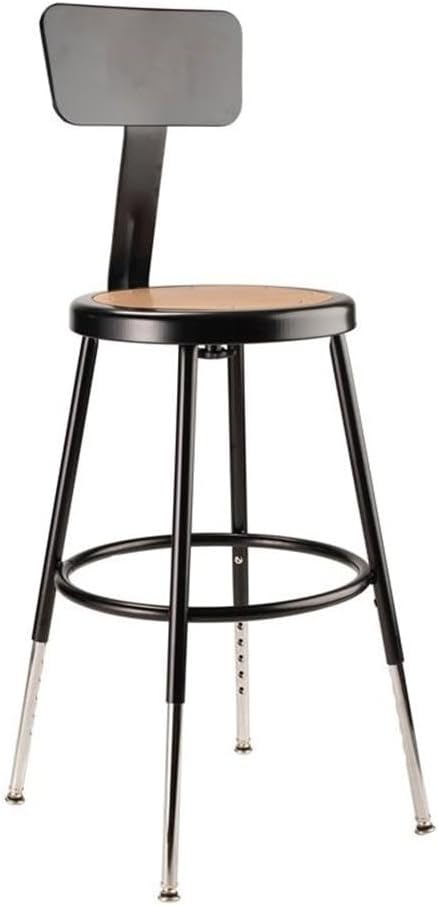 Pemberly Row Adjustable Metal Bar Stool with Backrest, 19-27 in Height, Heavy Duty 18-Gauge Steel, Masonite Wood Seat, Black Finish, Footrest Rings, Durable Design for Labs, Classrooms, and Workshops