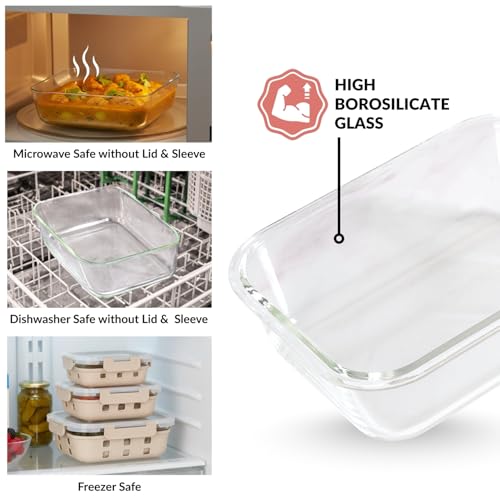 Image of Nestasia Gripso Glass Containers Set of 3 with Silicone Sleeve & Locking Lid (370ml, 600ml, 1000ml), Rectangle Food Storage Containers for Kitchen | Microwave, Dishwasher & Freezer Safe (Beige)