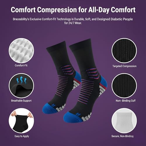 Image of Crew Socks for Women & Men Circulation, Diabetic and Neropathy Pain Relief, Swelling, Neuropathy, Runner, Nurses, Travel, Pregnancy, Flying - Pack of 2- (Black+ Cyan)