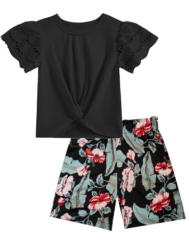 Image of mksodop Girls Clothes 2-Piece Teen Girls clothes Lace Hollow Short-Sleeved Twist T-Shirt And Floral Short Girl Summer Outfits