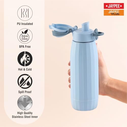 Image of JAYPEE Aquavita Insulated Inner Stainless Steel Water Bottle for School Kids with Wide Mouth|Foldable Handle to Carry|Hot & Cold Bottle Leakproof Screw Lid Flip Top with Silicon Seal|600 ml, Blue