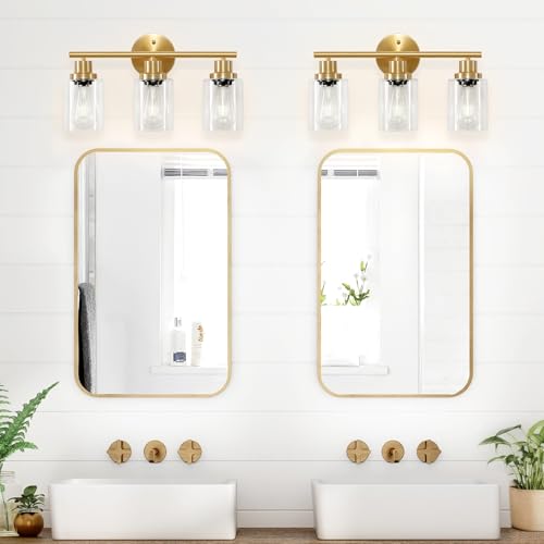 Image of 3-Light Brushed Gold Vanity Lights, E26 Modern Bathroom Light Fixtures with Clear Glass Shade, Wall Lamps for Mirror Kitchen Hallway Cabinet Living Room Sconces Lights