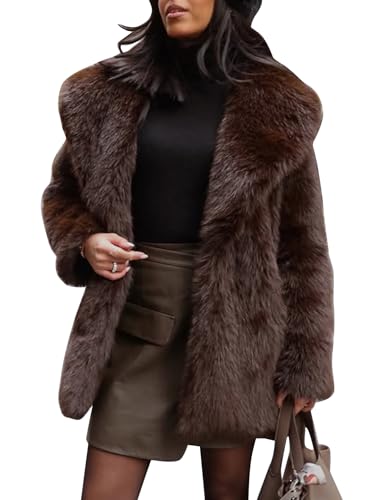 Flygo Womens Long Faux Fur Coats Fluffy Faux Fur Jacket Long Sleeve Lapel Furry Coats Fuzzy Winter Jacket