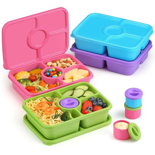 Bento Snack Box Containers, Reusable Meal Prep Lunch Containers for Adults Kids, Stackable Bento Snack Box 4 Pack, Divided Lunchable Food Storage Containers with Sauce Container, Rose Pink
