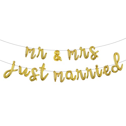Multicolor MR & MRS JUST MARRIED Balloon Banner Bride and Groom Party Decorations for Bridal Shower and Wedding Party (L JUST MARRIED Gold)