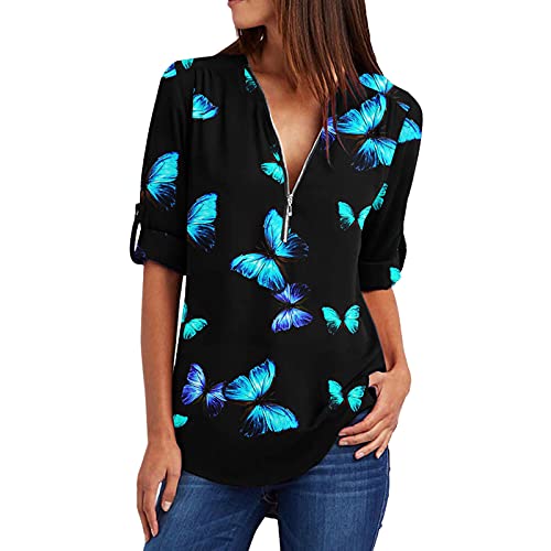 OutTop Women s V Neck Chiffon Blouse Shirts Half Zip-up Casual Butterfly Tshirt Tops Pleated Roll-up Sleeve Tunic Shirts (Blue, L)