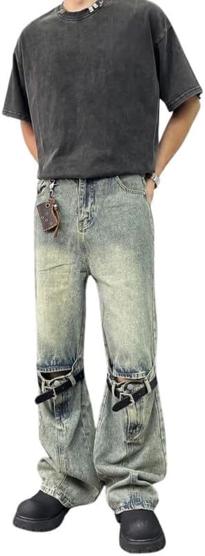 jupkem Baggy Jeans for Men Women Y2K Gothic Wide Leg Ripped Distressed Denim Pants with Straps Hip Hop Punk Streetwear