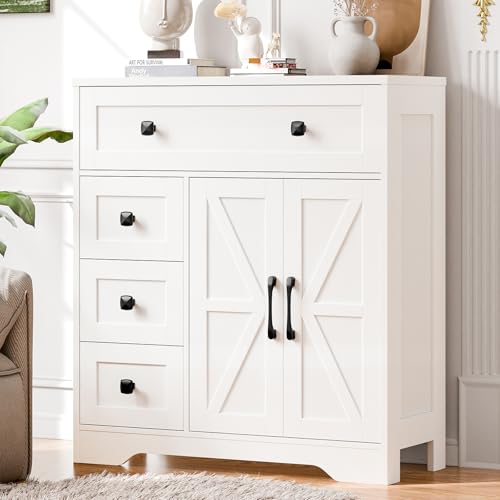 Vabches Farmhouse Storage Cabinet with 2 Doors and 4 Drawers, Freestanding Bathroom Storage Cabinet Kitchen Pantry, Floor Hutch Cupboard for Living Room/Bathroom/Kitchen,(Unique White)