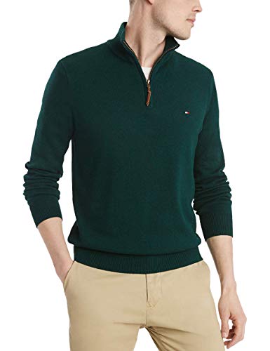 Tommy Hilfiger Men's Cotton Quarter Zip Sweater, Botanical Green Heather, Medium